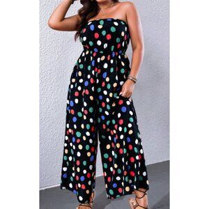 SHEIN Holidaya Plus Polka Dot Print Tube Wide Leg Jumpsuit